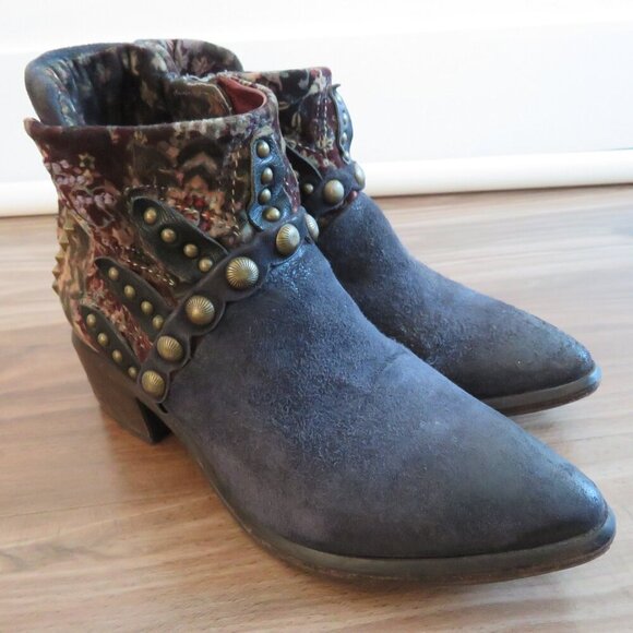 A.S. 98 Blue Floral Velvet Studded Bohemian Leather Ankle Booties Boots - Picture 3 of 15
